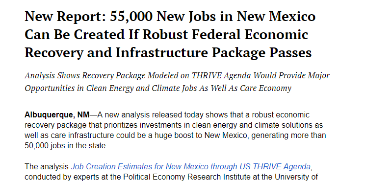 New Report: 55,000 New Jobs in New Mexico Can Be Created If Robust Federal Economic Recovery and Infrastructure Package Passes